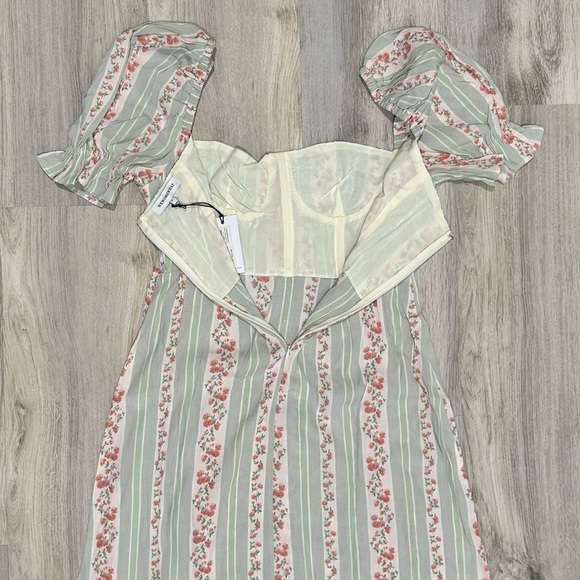 NWT WeWoreWhat Green Pink Floral Vertical Stripe Puff Sleeve Midi Dress Size 12 - Picture 9 of 10